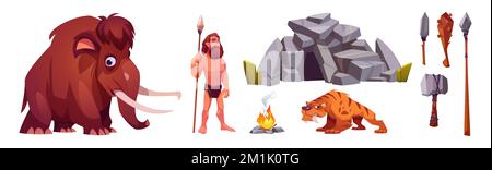 Cave man, prehistoric primitive person in stone age cartoon icons set. Bearded caveman wear pelt holding spear weapon and ancient animals mammoth and Stock Vector