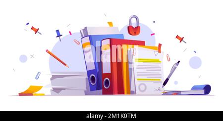 Office stationery and documents on desk, papers, files, folders, pen or pencil with notepad and pins, clips and sticky notes. Paperwork items on table Stock Vector