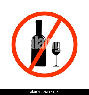 A set of black silhouettes of a bottle and a glass in a red crossed out circle. Vector clip art isolate on white. Alcohol ban illustration Stock Vector