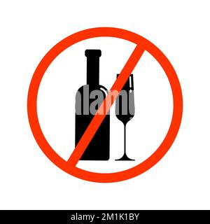 A set of black silhouettes of a bottle and a glass in a red crossed out circle. Vector clip art isolate on white. Alcohol ban illustration Stock Vector