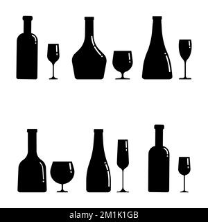 A set of silhouettes of alcohol bottles and glasses of different shapes. Vector clip art isolate on white Stock Vector