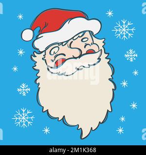 SANTA CLAUS In Red Hat Smiles Retro Mood Christmas Sketch Illustration New Year Invitation And Congratulation Snowflakes Winter Holiday Hand Drawn Gre Stock Vector