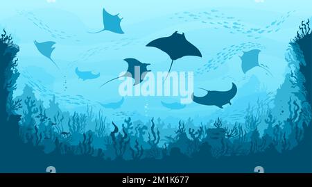 Underwater landscape, manta and fish shoal, corals and seaweeds, vector sea or ocean undersea background. Deep water or underwater landscape with marine blue scene silhouette of manta ray and fishes Stock Vector