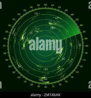 Ship radar screen military sonar monitor, army target detection system vector display, NAVY submarine visual control and search dashboard or airplane navigation interface with signal green blips Stock Vector