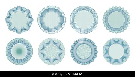 Guilloche rosettes, money banknote watermark frames for certificate, vector currency pattern. Guilloche rosette seal for bank note or bill and voucher, passport visa and diploma watermark frames Stock Vector