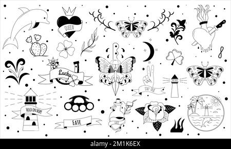 Set of tattoo in y2k, 1990s, 2000s style. Emo goth element design with ...