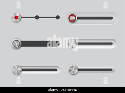 UI slider bar buttons. Music player volume, audio play stainless steel toggle, power control switch silver plastic or aluminum panel. Software user interface, mobile app realistic vector push sliders Stock Vector