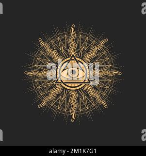 Sun and eye esoteric occult pentagram, magic tarot sign. Egyptian all-seeing eye in triangle and circle star with radiant rays. Vector spiritual magic emblem, isolated alchemy, wicca or pagan symbol Stock Vector