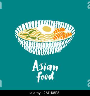 Asian food cuisine soup isolated illustration on blue background Stock Vector