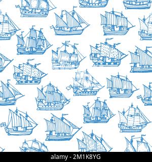 Sail ship, corvette, frigate and brigantine seamless pattern. Vintage vector sketch ornament with nautical boats with flags. Sea vessels, engraved blue galleons on white background, tile, wallpaper Stock Vector
