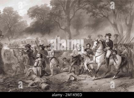 George Washington at the Battle of the Monongahela, July 9, 1755, during the French and Indian War, when Colonel Washington was under the command of British General Edward Braddock.  The British and American British forces were heavily defeated by the French and their Native American allies.  From a print by Claude Régnier after the painting by Junius Brutus Stearns Stock Photo