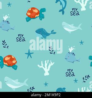Vector hand-drawn colored childish seamless repeating simple flat pattern with whales in scandinavian style on a white background. Cute baby animals. Stock Vector