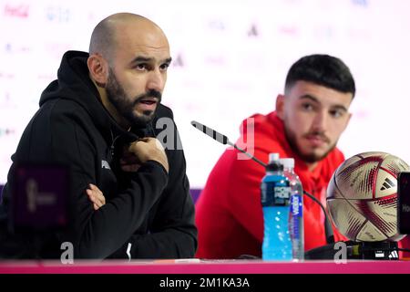 Morocco manager Walid Regragui with during a press conference at the Main Media Centre in Doha, Qatar. Picture date: Tuesday December 13, 2022. Stock Photo