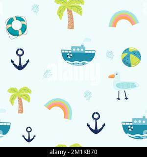 Vector hand-drawn colored childish seamless repeating simple flat pattern with whales in scandinavian style on a white background. Cute baby animals. Stock Vector