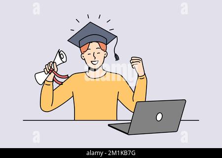 Overjoyed young man in hat hold diploma in hands celebrate graduation studying online. Smiling male graduate excited about university finish. Remote education. Vector illustration.  Stock Vector