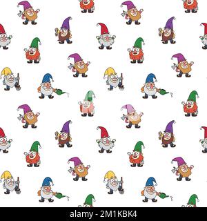 Garden gnomes seamless pattern. Cheerful little garden gnomes, dwarfs, gardeners fabric print in cartoon style. Colorful vector fairytale kids illustr Stock Vector