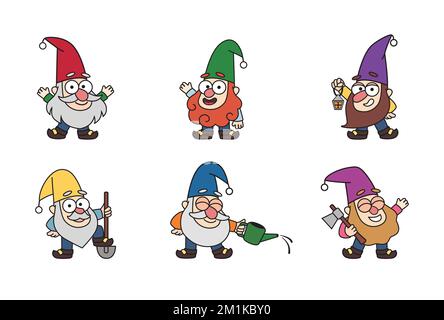 Cheerful little garden gnomes, dwarfs, old men, gardeners in cartoon style. Colorful vector fairytale kids illustration, drawing characters, mascots, Stock Vector