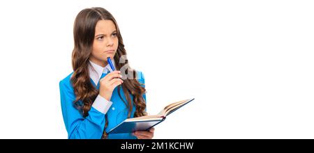 Imaginative child with thoughtful look create idea holding pen and school book, imagination. Banner of school girl student. Schoolgirl pupil portrait Stock Photo