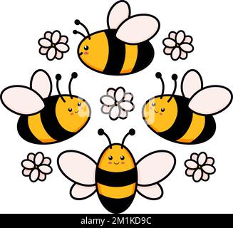 Cute set of bees in a round frame vector illustration in doodle style. Colorful collection of bumblebees in a circle, kids drawing for icon and logo design in yellow and black colors isolated on white Stock Vector