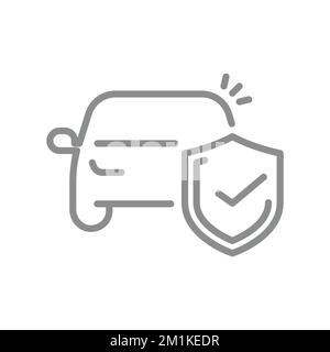 Motor insurance line vector icon. Car and shield with checkmark outlined symbol. Stock Vector