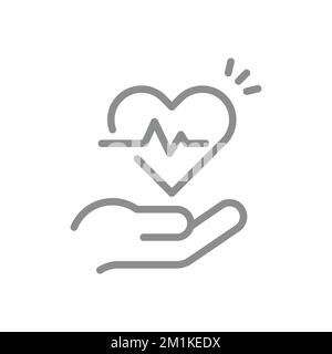 Medical care, health insurance line icon. Hand, heart and heartbeat or ecg outlined symbol. Stock Vector