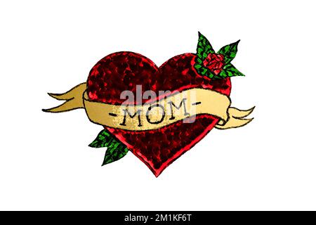 Tattoo with mom inscription on ribbon in heart with rose. Classic American old school tattoo isolated on white background. Stock Photo