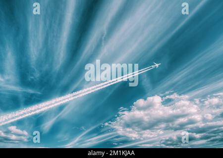 Concept Of Travel. Flying Airplane On Sky Background Soft Colors. Dream And Travel. Advertise Of Airlines. Air Travels Copy Space Stock Photo