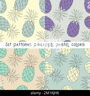 Set patterns with doodle pineapples in pastel colors. Vector illustration Stock Vector