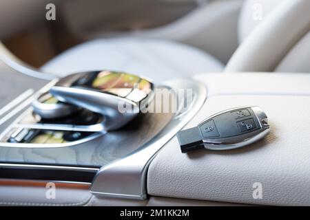 Cantilever of car. Leather salon of sporting car by close-up Stock Photo