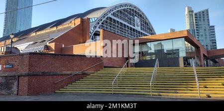 The exterior of Manchester Central Convention Complex in Manchester, England with blue sky Stock Photo