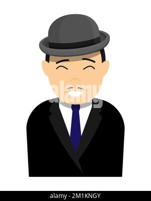 Cheerful japanese asian gentleman in bowler hat and classic jacket with shirt and tie. Cartoon character. Color vector isolated on white background Stock Vector
