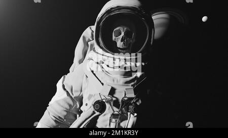 Astronaut Skull Dead Adrift Deep Space Exploration Sunlight Planet Moon Black an White Analogue Aesthetic Film Grain 3d illustration render Stock Photo