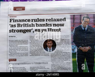 'Finance rules relaxed 'as British banks now stronger' says Hunt' inewspaper i news clipping economy article 10 - 11 December 2022 London England UK Stock Photo
