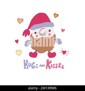 Cute Santa Claus with hand drawn lettering Hugs and kisses. Hand drawn doodle kawaii style illustration. Stock Vector