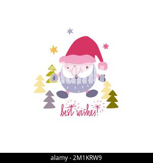 Cute Santa Claus with hand drawn lettering Best wishes. Hand drawn doodle kawaii style illustration. Stock Vector