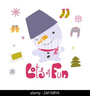 Cute snowman with hand drawn lettering Lots of fun. Hand drawn doodle kawaii style illustration with winter symbols. Stock Vector