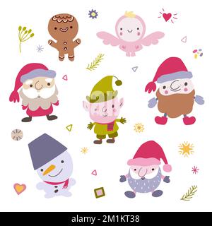 Collection of Christmas and New year characters. Santa Caus, snowman, elf, angel, gingerbread man. Stock Vector