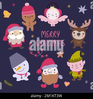 Collection of Christmas and New year characters. Santa Caus, deer, snowman, elf, angel, gingerbread man. Stock Vector