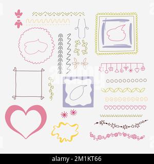 Set of borders and frames. Hand drawn, doodle elements isolated on white background. Stock Vector