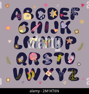 Christmas and New Year doodle style alphabet with Christmas elements. Stock Vector