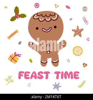 Cute gingerbread man doodle character, surrounded by festive elements with hand drawn lettering Feast Time Stock Vector