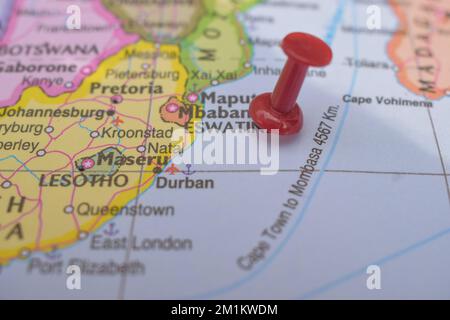 Red Push Pin Pointing on Location of Eswatini World Map Close-Up View Stock Photograph Stock Photo
