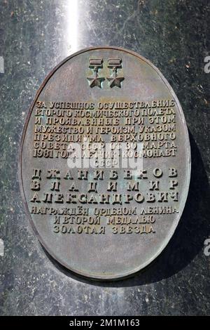 Statue of cosmonaut Vladimir Dzhanibekov, Memorial for Cosmonauts, Afrosiyob Street, South Tashkent, Tashkent Province, Uzbekistan, Central Asia Stock Photo