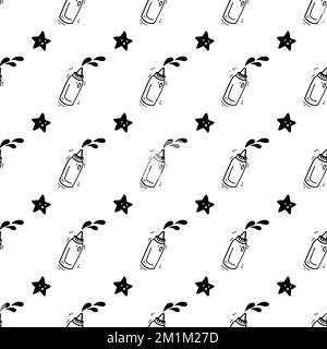 Hand drawn sauce bottle, bottle of milk seamless pattern. Comic doodle sketch style. Vector Fast food illustration. Sketch of sauce bottle and star. Stock Vector