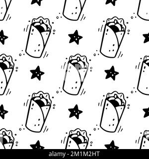 Hand drawn shawarma seamless pattern. Comic doodle sketch style. Vector Fast food illustration. Sketch of hamburger and star. Stock Vector