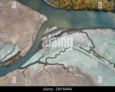 Top Down view over Marshland of River Teign shrouded in frost at morning sun from a drone, Newton Abbot, Devon, England Stock Photo