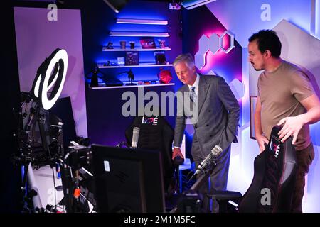 Belgium, 13 December 2022. Illustration picture shows King Philippe - Filip of Belgium on a screen during a royal visit to the editorial staff of RTBF and to the studio of Tarmac, the youth media of RTBF, French-speaking public television, Tuesday 13 December 2022. BELGA PHOTO LAURIE DIEFFEMBACQ Stock Photo