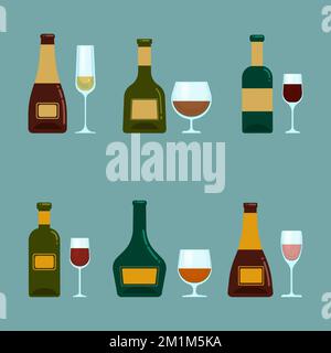 A set of bottles with alcohol and various glasses. Vector objects in flat style, isolated. Alcoholic drinks and crystal glasses Stock Vector