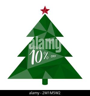 10%  OFF. Ten percent discount. Trend triangle 3D Green Christmas Tree. Handwritten calligraphic Numbers. For Christmas, New Year, winter SALE banner. Stock Vector
