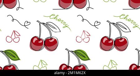 Vector cherry seamless pattern. Hand drawn illustration of summer fruit. One continuous line art drawing of cherry pattern Stock Vector